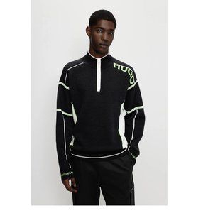 NEW  HUGO Men's OVERSIZED-FIT LOGO SWEATER WITH ZIPPED NECKLINE